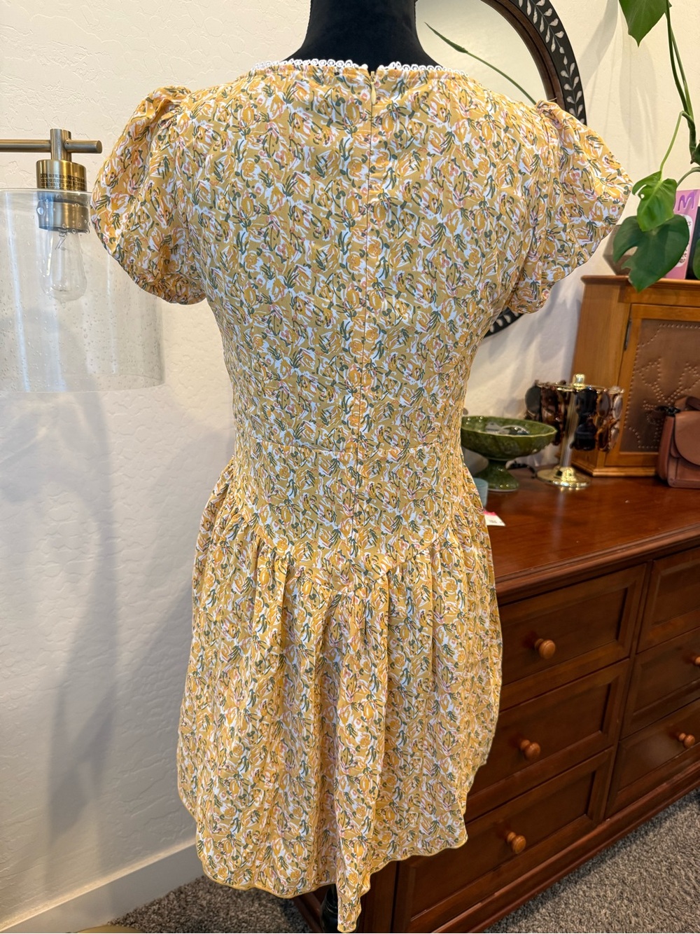 Cider Yellow Floral Drop waist Square-Neck Mini Dress with Lace Trim - Picture 4 of 7